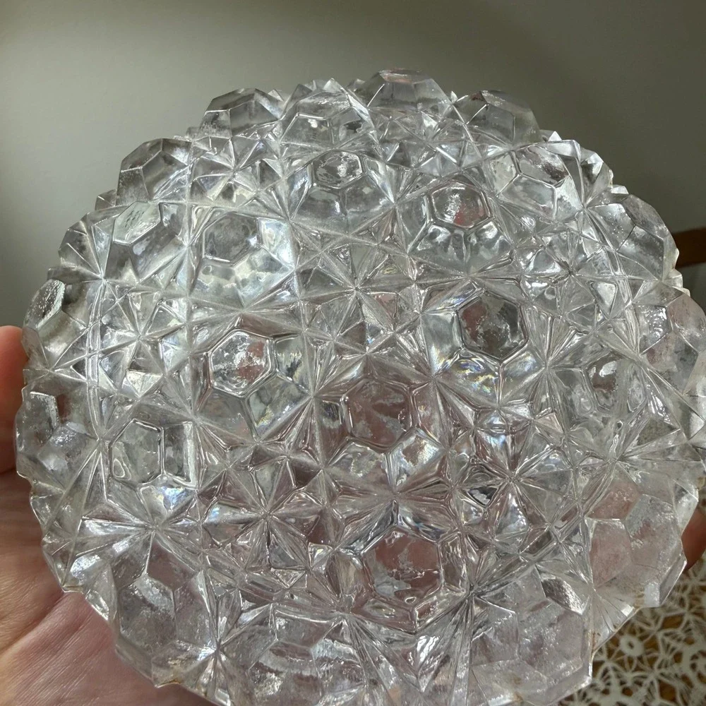 Vintage Glass Diamond Point Clear Covered Candy Dish Footed Oval 5in